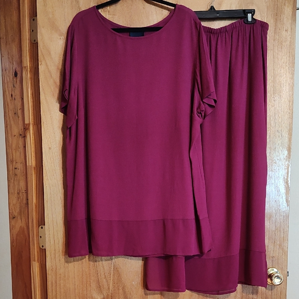 Vintage Venezia Lane Bryant Fuchsia Skirt Set Short Sleeve Top Sheer Hem 18/20